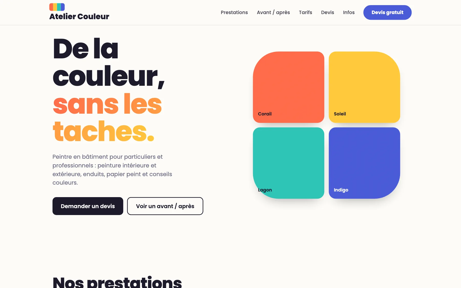 Aperçu sur ordinateur du concept de site Atelier Couleur, pour une entreprise de peinture