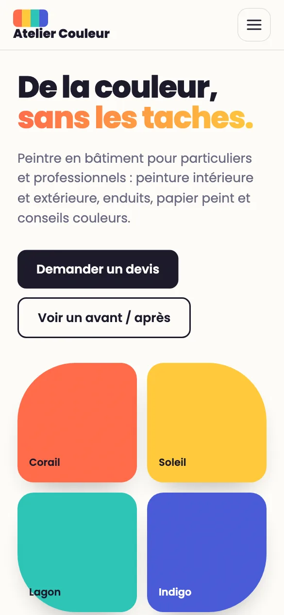Aperçu sur téléphone du concept de site Atelier Couleur