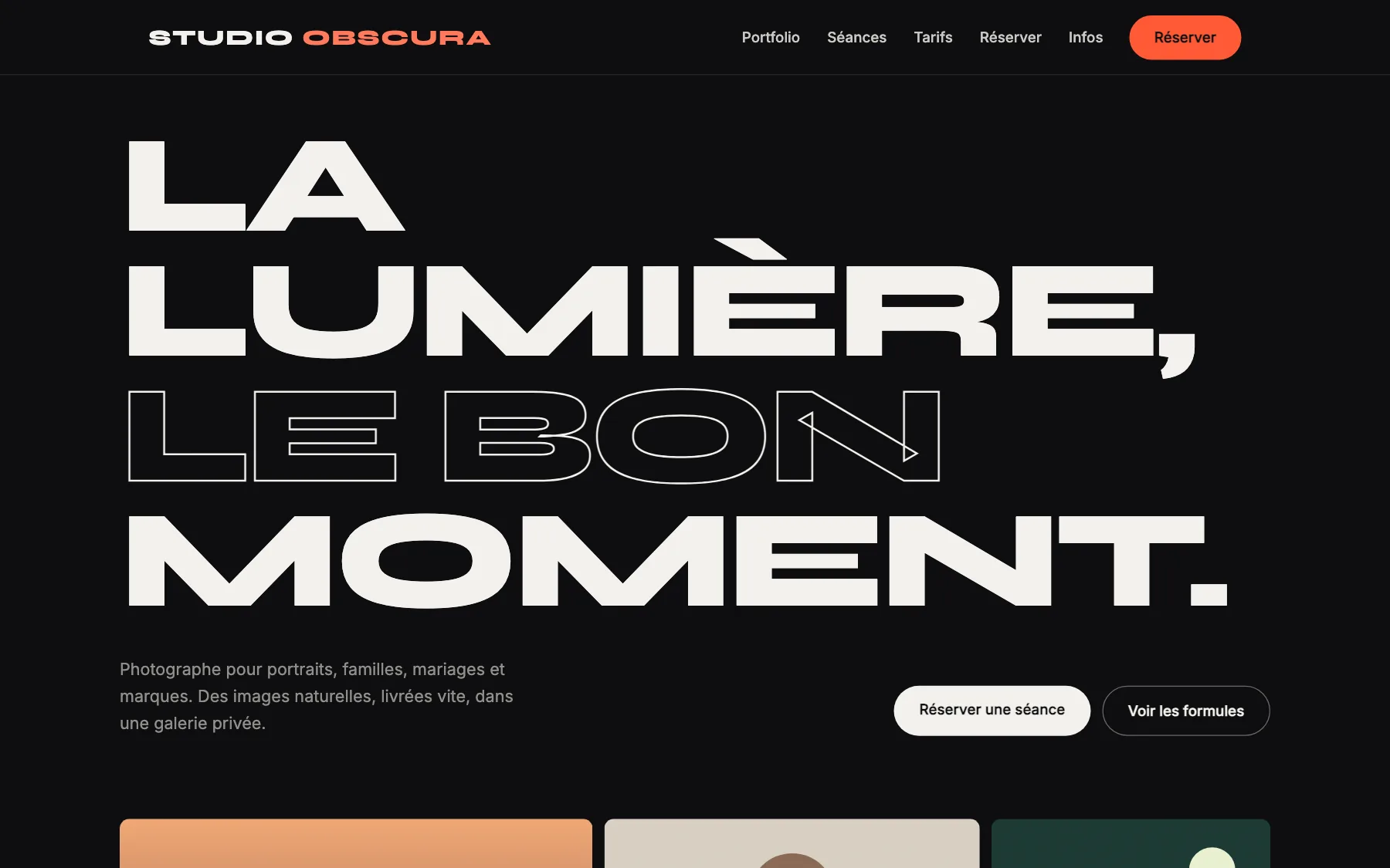 Aperçu sur ordinateur du concept de site Studio Obscura, pour une studio photo