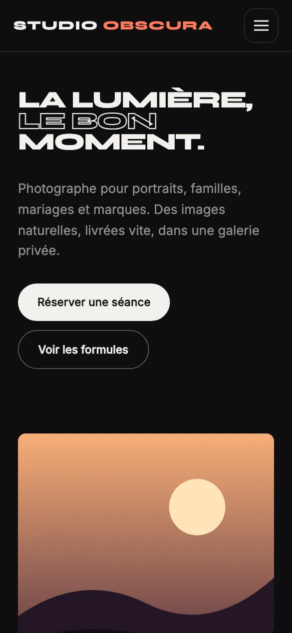 Aperçu sur téléphone du concept de site Studio Obscura