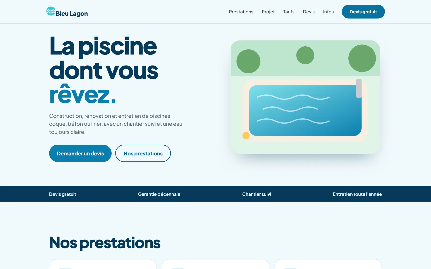 Aperçu sur ordinateur du concept de site Bleu Lagon Piscines, pour une entreprise de piscines