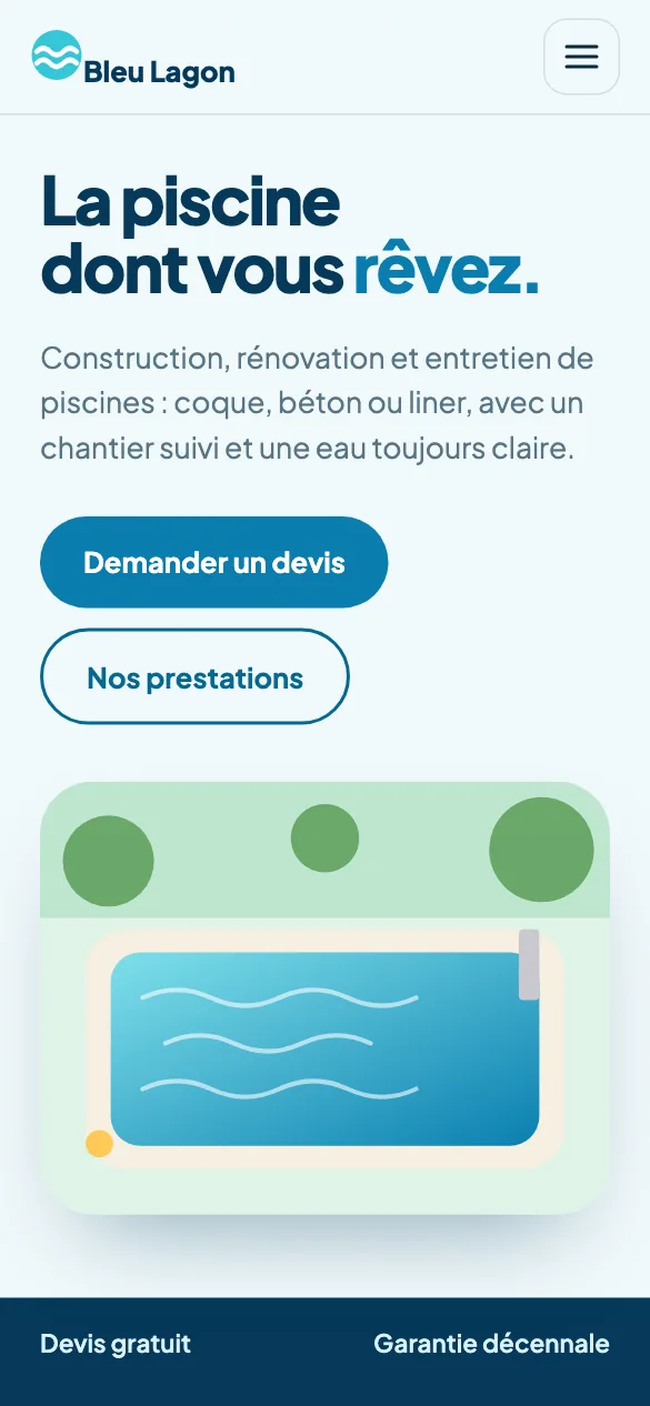 Aperçu sur téléphone du concept de site Bleu Lagon Piscines