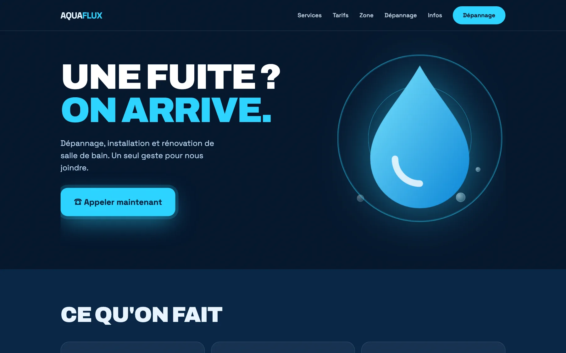 Aperçu sur ordinateur du concept de site Aqua Flux, pour une entreprise de plomberie