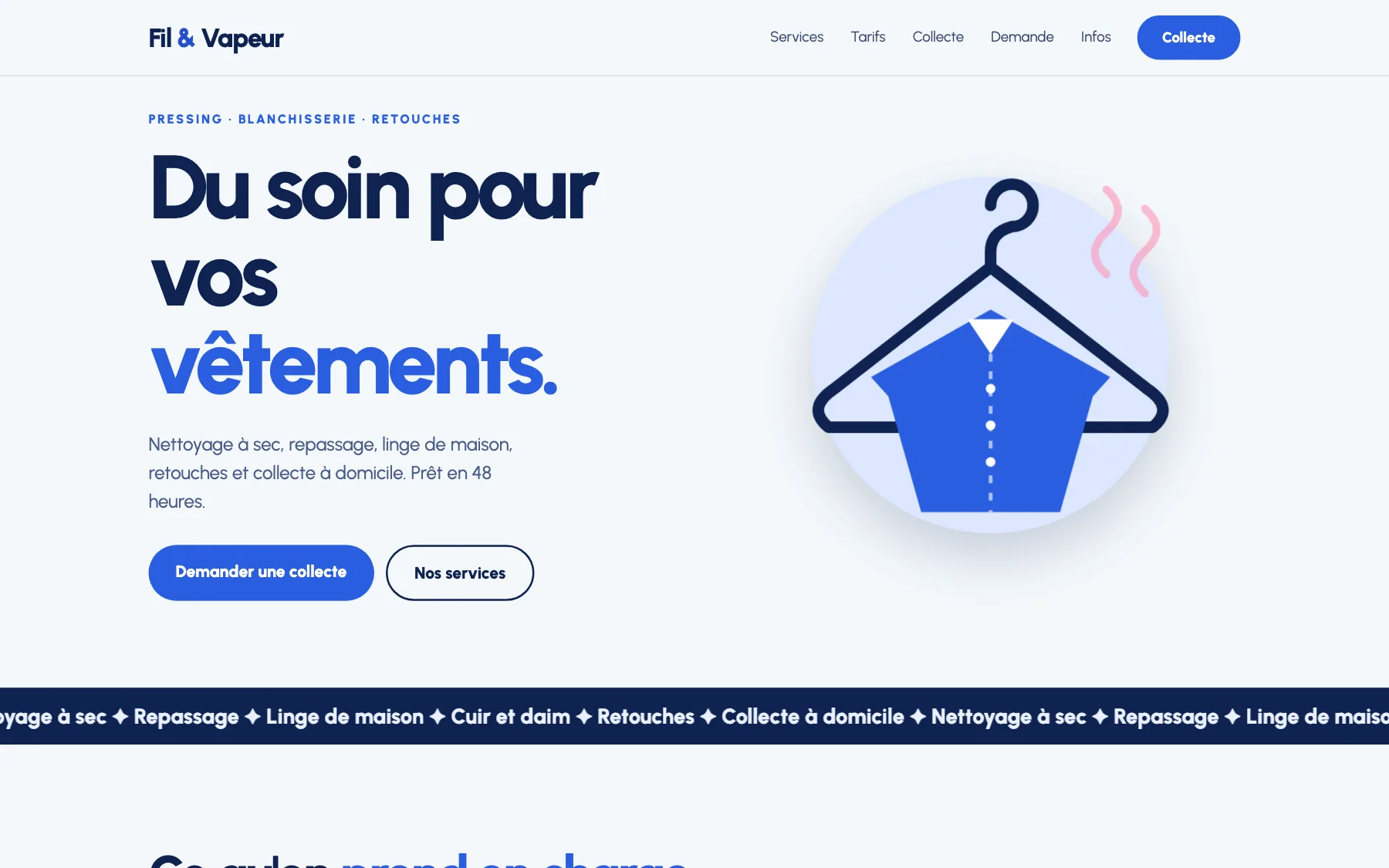 Aperçu sur ordinateur du concept de site Fil & Vapeur, pour une pressing