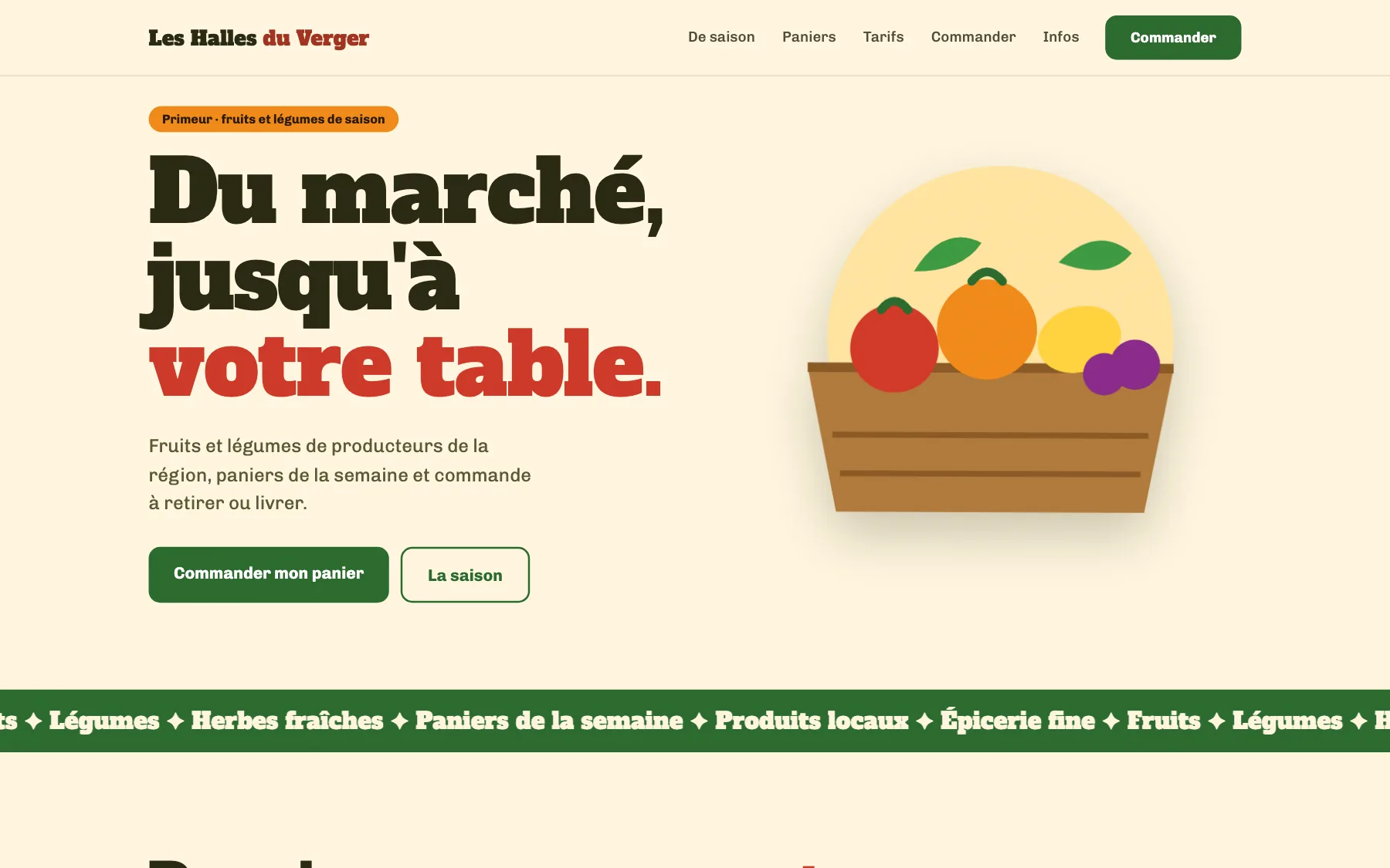 Aperçu sur ordinateur du concept de site Les Halles du Verger, pour une primeur