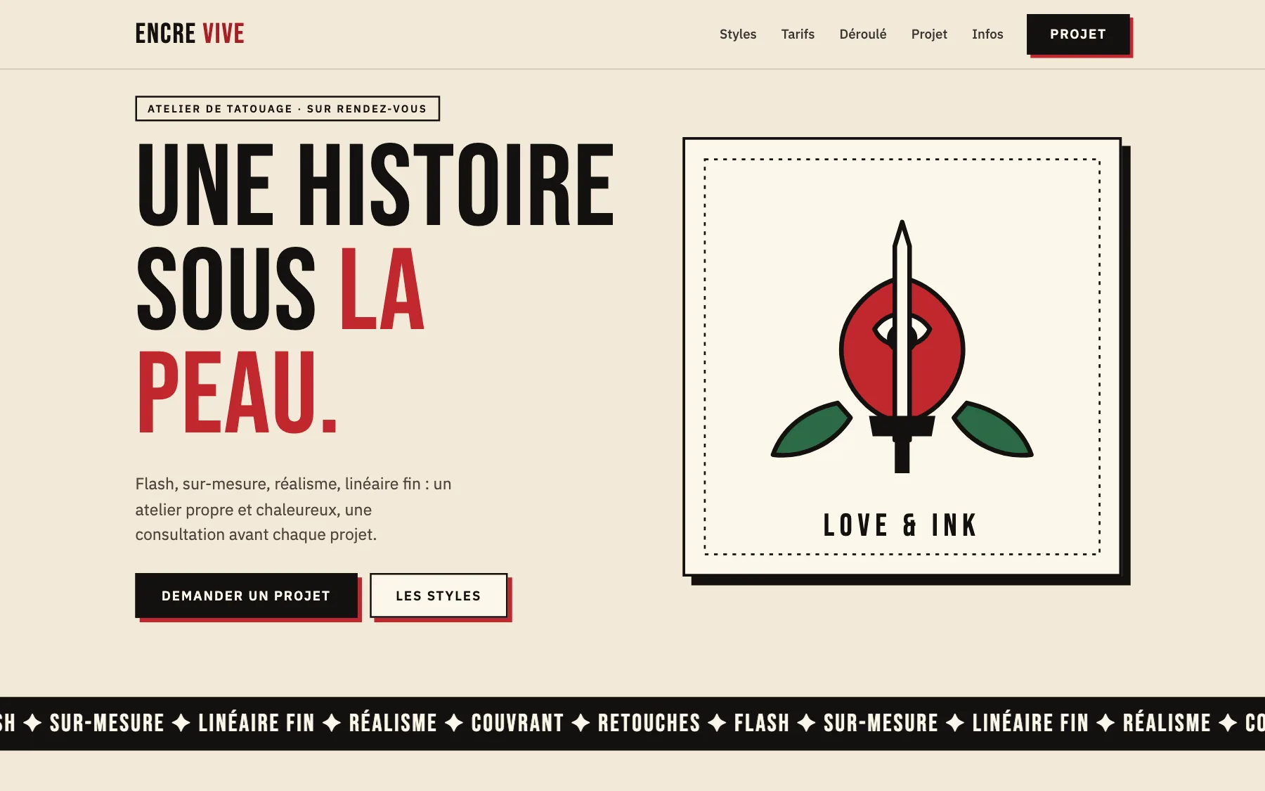 Aperçu sur ordinateur du concept de site Encre Vive, pour une atelier de tatouage