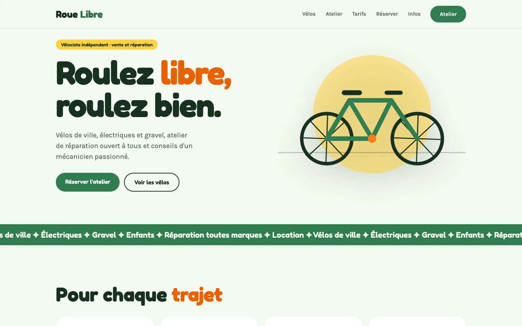Aperçu sur ordinateur du concept de site Roue Libre, pour une magasin de vélos