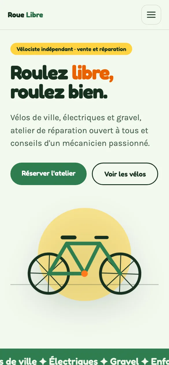 Aperçu sur téléphone du concept de site Roue Libre