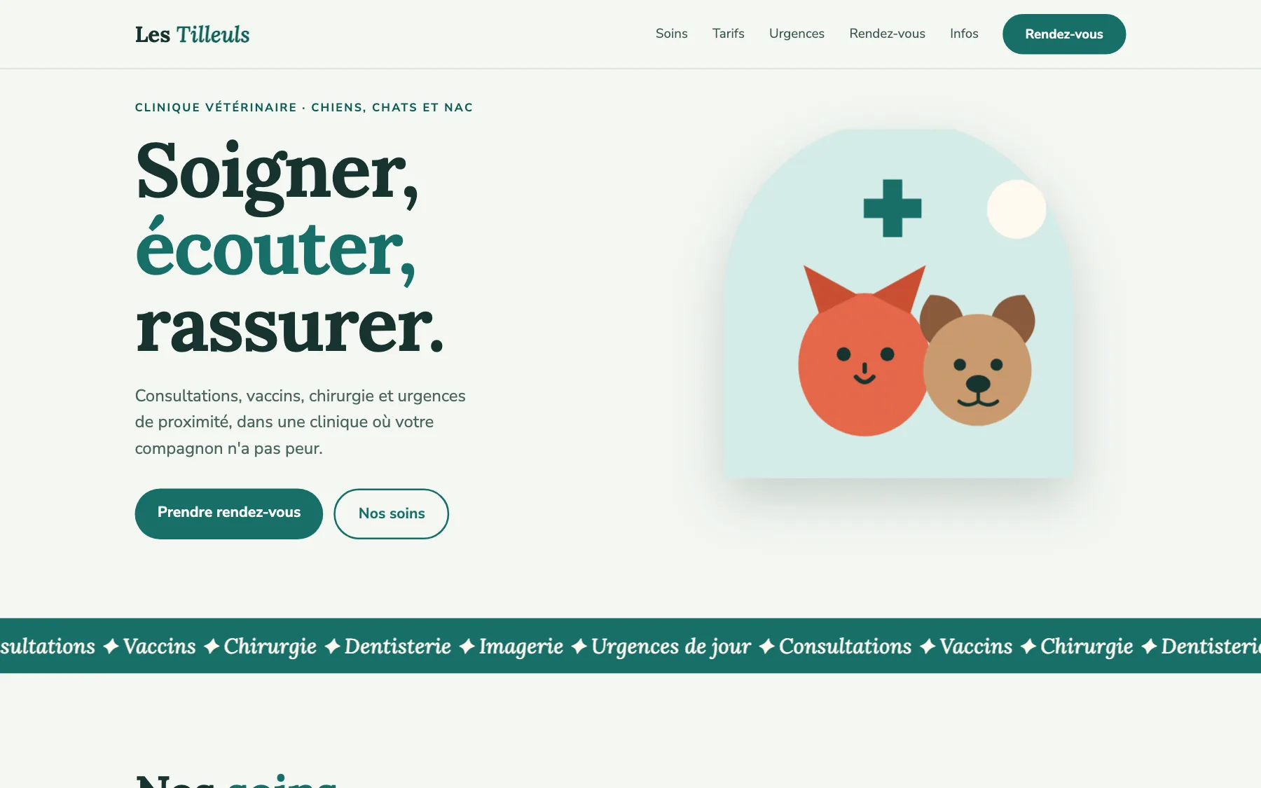 Aperçu sur ordinateur du concept de site Les Tilleuls, pour une clinique vétérinaire